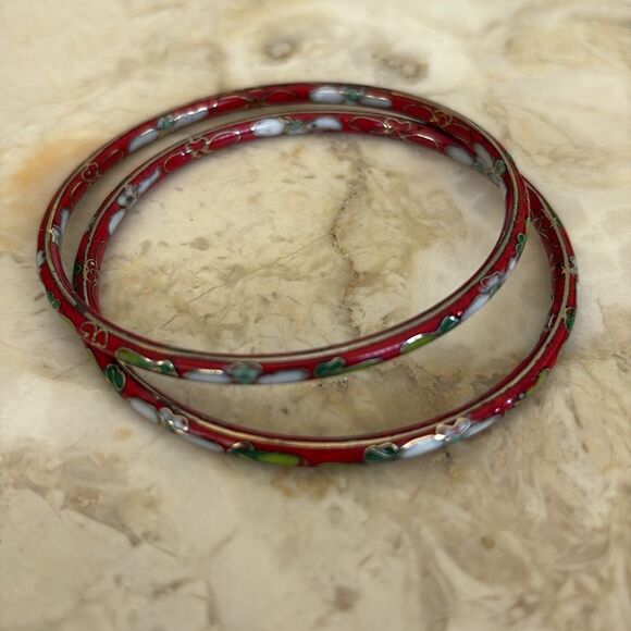 Vintage Cloisonné Floral Bangle Bracelets Set of 5 - Picture 6 of 14